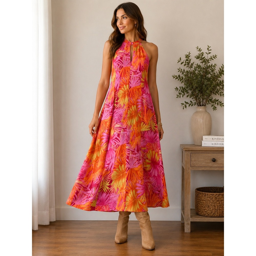 Sheri Martin New York Petites Tropical Floral Halter Maxi Dress Size 16P USA